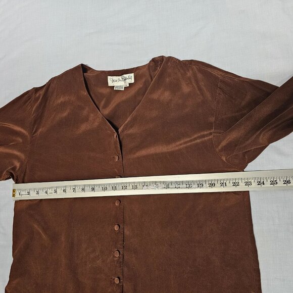 Diane Von Furstenberg Button Up Brown Satin Silk Top Blouse Shirt Women Size L - Picture 12 of 13